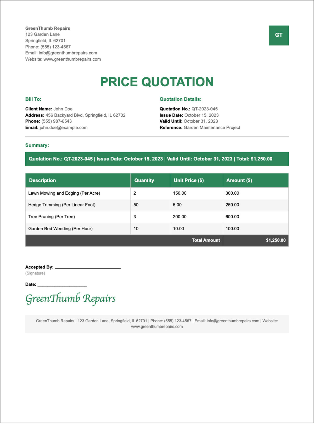 Professional garden repair quote with green header and signature_variant_3